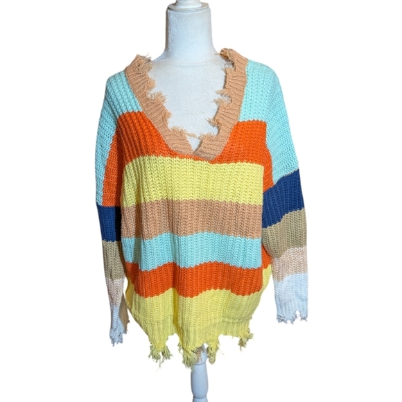 New Miracle Striped Sweater Distressed Orange/Tan/ Blue NWT Sz M/L - Picture 6 of 8